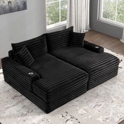 Brand New Black Super Plush Double Chaise Sofa w Cupholders 