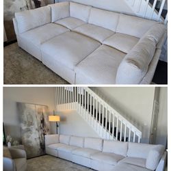 New Cream / Ivory Corduroy Modular Sectional Sofa & Ottoman Reconfigurable - Cloud-like Sleeper 