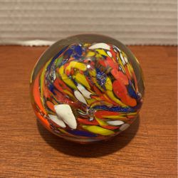 Art Glass, Colorful Confetti, Paperweight With Silver Fleets 2” X 3”  B34
