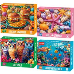 Brand New 4 Packs 100 Piece Puzzles for Kids Ages 4-6, Jigsaw Puzzles for Kids Ages 6-8 8-10 Sea World, Owls, Hamburger, Starfish Learning Educational