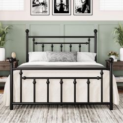 14 Inch Full Size Metal Platform Bed Frame with Victorian Vintage Headboard and Footboard/Mattress Foundation/Under Bed Storage/No Box Spring