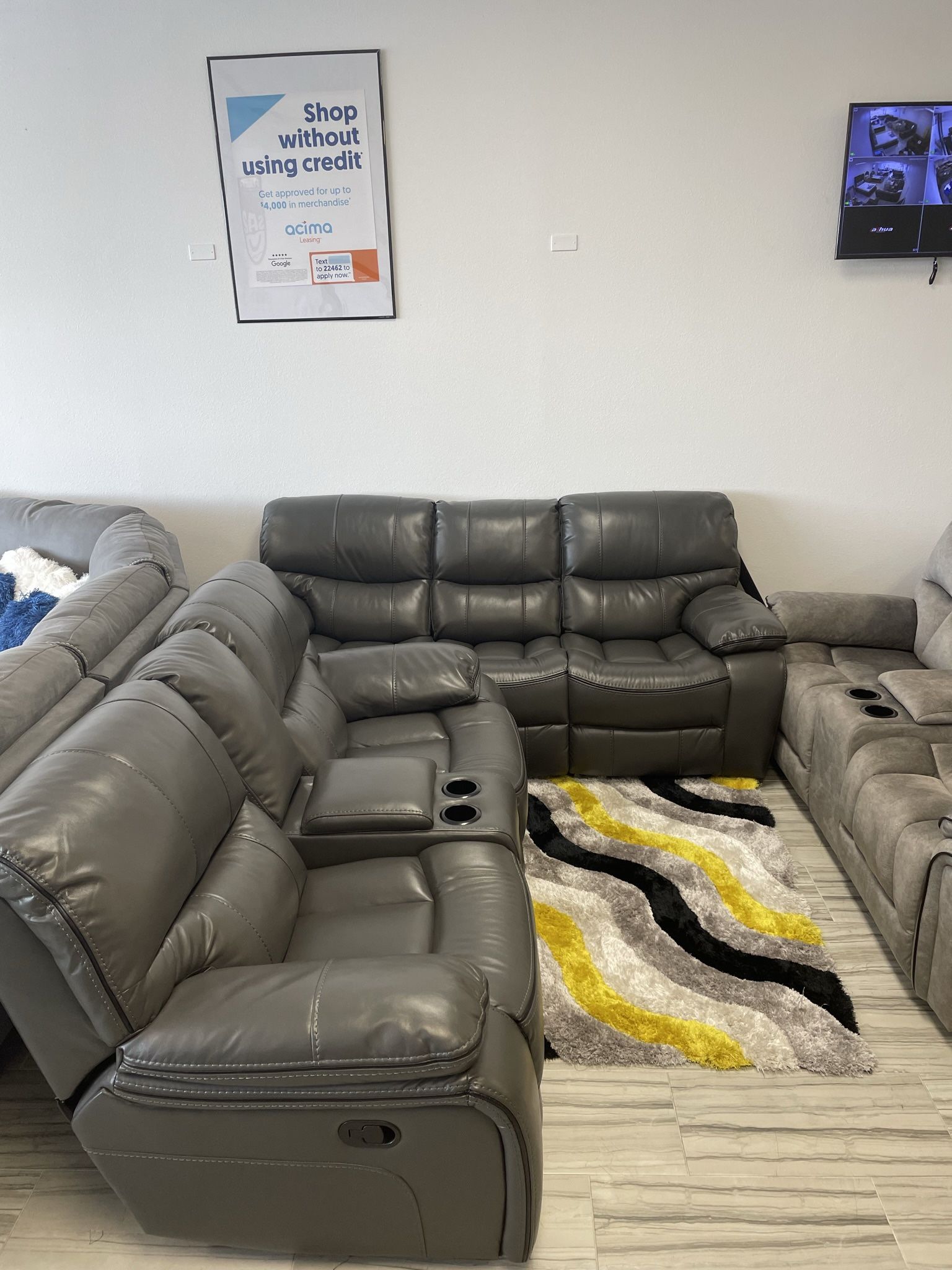 Summer clearance sale. Madrid, gray leather reclining sofa and loveseat set now $1199. Easy finance option. Same day delivery.