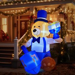 6FT Hanukkah Decorations Inflatable Bear Holding Hanukkah Menorah Dreidel Built-in LED Lights Blow Up Yard Outdoor Indoor Yard Garden Home Holiday Par