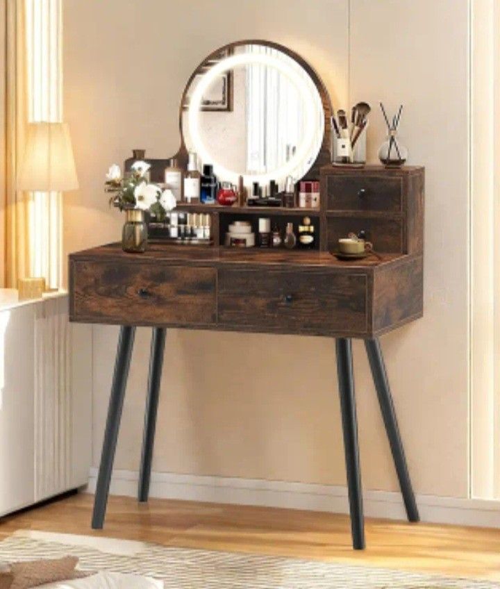 Modern Farmhouse Vanity Table With Integreated Mirror With Light, Rustic Brown, Woodeb Makeup Desk With Jewelry Drawers, And Storage Shelves. NEW