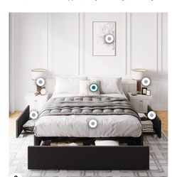 Queen Bed Frame With Storage - Dark Grey