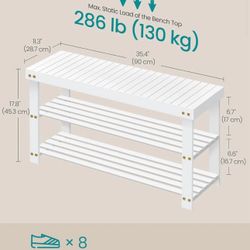 SONGMICS 35.4" Shoe Rack Bench 3-Tier Bamboo Storage Organizer Entryway Bench - White