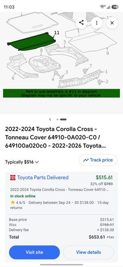 Cargo Cover 2022-2026 for Toyota for Corolla Cross 2.0L
