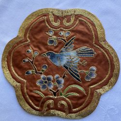Chinese Gold Thread Embroidery On Silk Coaster   