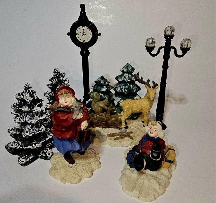 7 Vtg 1990s Mervyns ChristmasVillage Trees,Fig,Clock,Light,Kid Playing,squirrels