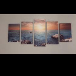 5 Panel Ocean Sunset Canvas Wall Art – Large Modern Beach Wall Decor