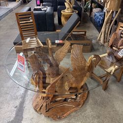 MEGA SALE! Monkey Pod Swan Dining Table With Glass Top (Save $2499)