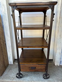 Industrial Wood and Metal Rolling Shelf with Drawer