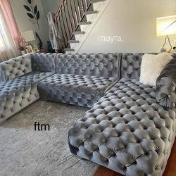 New/ Neva Gray Velvet Double Chaise Sectional, Seccional, Couch/ Large Living Room, Sofa 