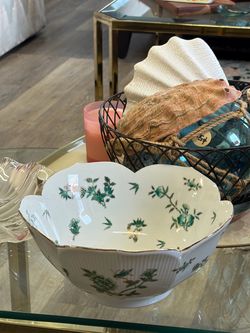 Vintage White Porcelain Bowl with Green Floral Pattern