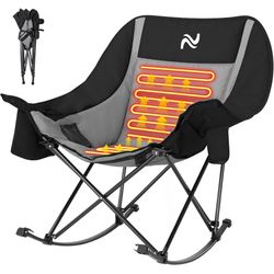 SLSY Heated Oversized Rocking Camping Chair for Adults, Fully Padded Folding Outdoor Lawn Chair with Side Pocket, Portable Recliner Chair for Camp, Ba