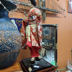 Antique Large Geisha Doll Silk Clothing 