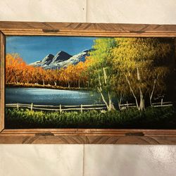Vintage Black Velvet Painting Lake, Forest and Mountains Scene 23” X 14”Signed
