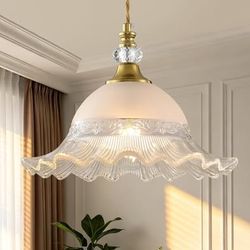Vintage Brushed Gold Crystal Pendant Light Fixtures,Matte Antique Frosted Flower Glass Chandelier