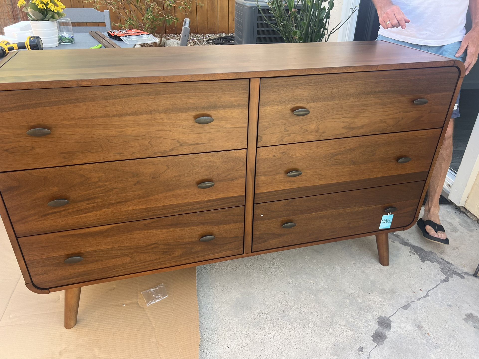 New Mid Century Dresser. Dark Walnut Finish. 62” X 17”D X 36”High. Free Delivery!