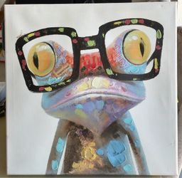 Colorful Frog with Glasses Canvas Painting 16x16
