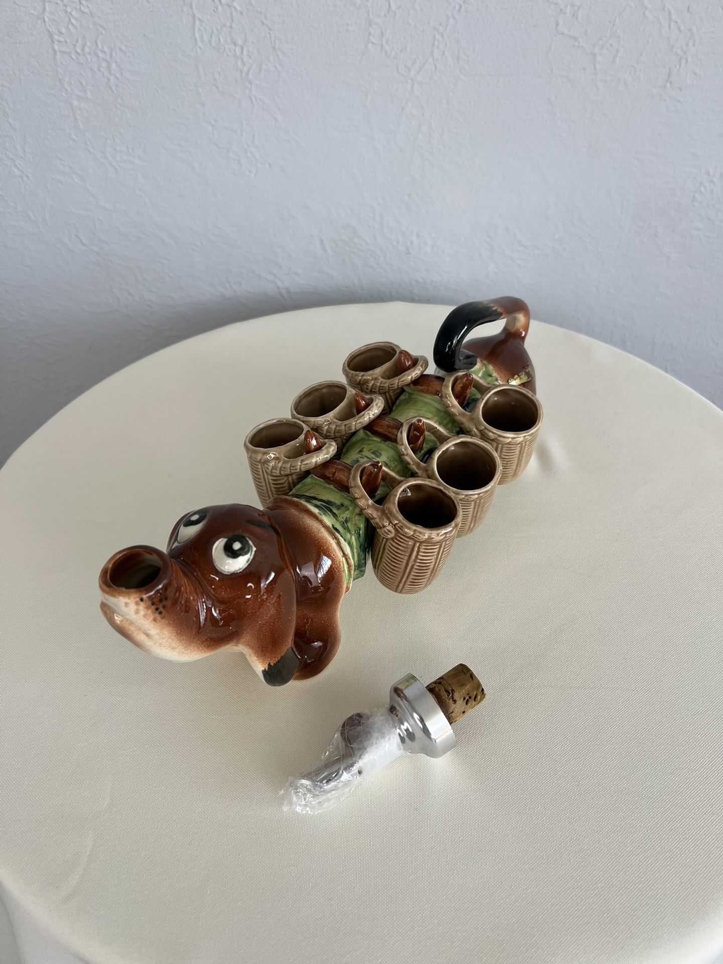 Vintage 1950s Dachshund Dog Decanter and 6 Shot Glass Set Made in Japan