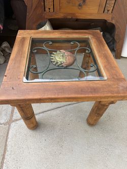 Solid wood rustic end table nightstand w/glass