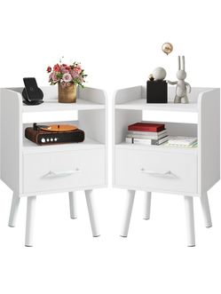 YMYNY Bedside Table Set of 2, Nightstand, Side Table, Wooden Sofa End Table with Fabric Drawer, Open Shelf, Solid Wood Legs, 15.35" x 11.42" x 24.41",