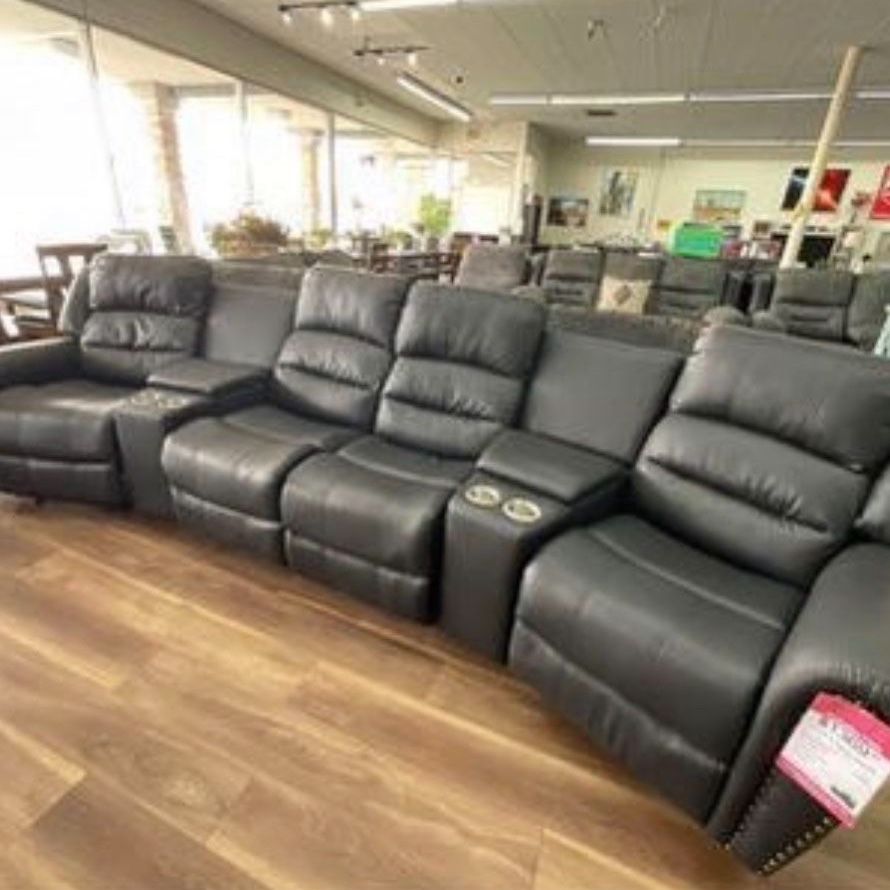 Black Leather Reclining Theatre Sectional Sofa Couch 