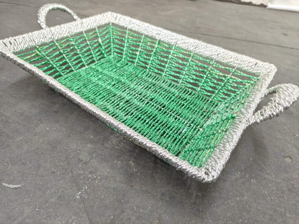 Large Basket Silver And Green Double Handle