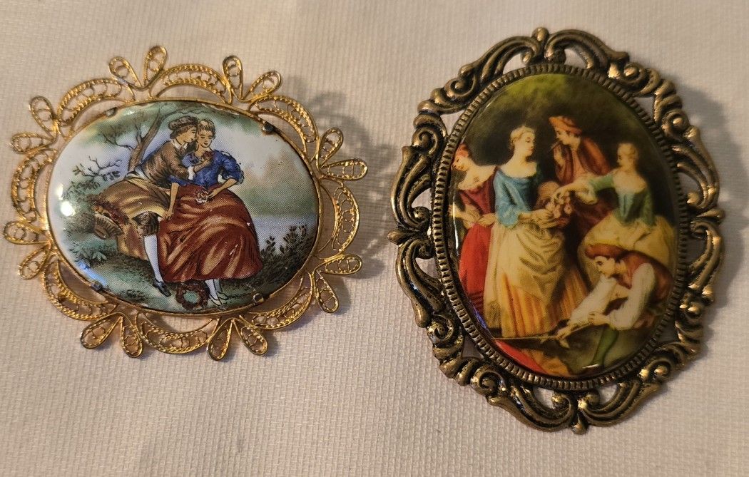 Vtg. Jewelry Lot Of 2 Victorian Theme Oval Porcelain Painted  Brooch  1 Is From Western Germany Rare!