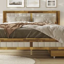 Beautiful Queen Bed Frame, Brand New Unassembled, Real Wood, 2 Storage Drawers 