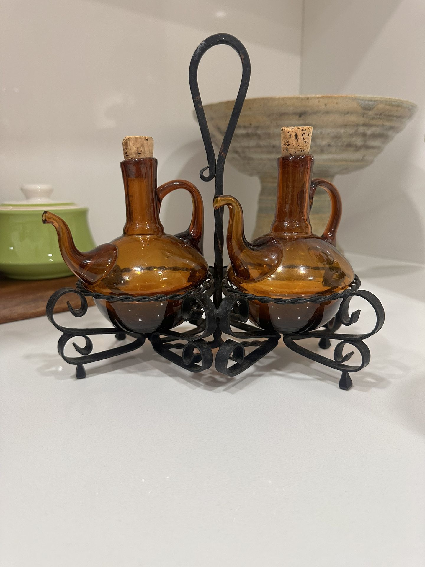 Vintage Wrought Iron Oil & Viniger Amber Glass Condiment Server
