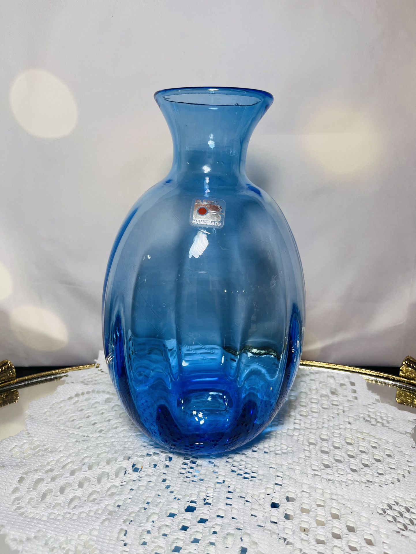 Vintage Blenko Art Glass Blue Melon Optic Vase