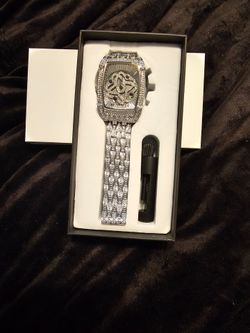 Iced Out Silver-Tone Watch with Crystal Bracelet