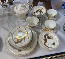 RARE 1950's Hayasi GOLD DRAGON  China Hand Painted 41 PC Set Japan