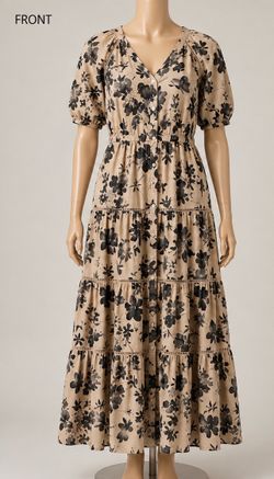 GAP Floral Tiered Maxi Dress | XS | Beige Black Print | Puff Sleeve Cottagecore