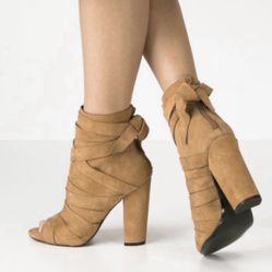 Aldo Brown Booties Boots Suede Strappy Peep Toe Bootie Tan Beige Camel Size 6.5