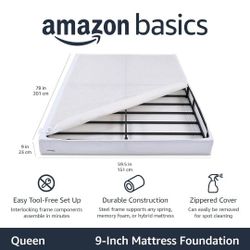 Amazon Basics Smart Box Spring Bed Base, 9-Inch Height Mattress Foundation, Tool-Free Easy Assembly, Queen, 79"L x 59.5"W x 9"H, White