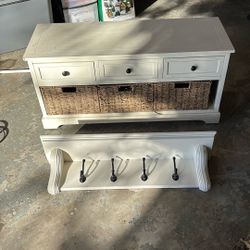 Cute White Storage Bench With Drawers And A White Coat Rack Hanging Shelf 