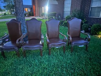 (4) TALL BACK LEATHER NAIL TRIMMED  ARM CHAIRS (NO RIPS)
