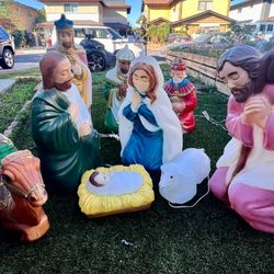 Empire, Nativity 9 Piece Lighted Blow Mold Set, Includes 3 PC Holy Family, Wisemans Kings, Camel, Good Shepherd, Sheep & Light Cords, Great Condition.