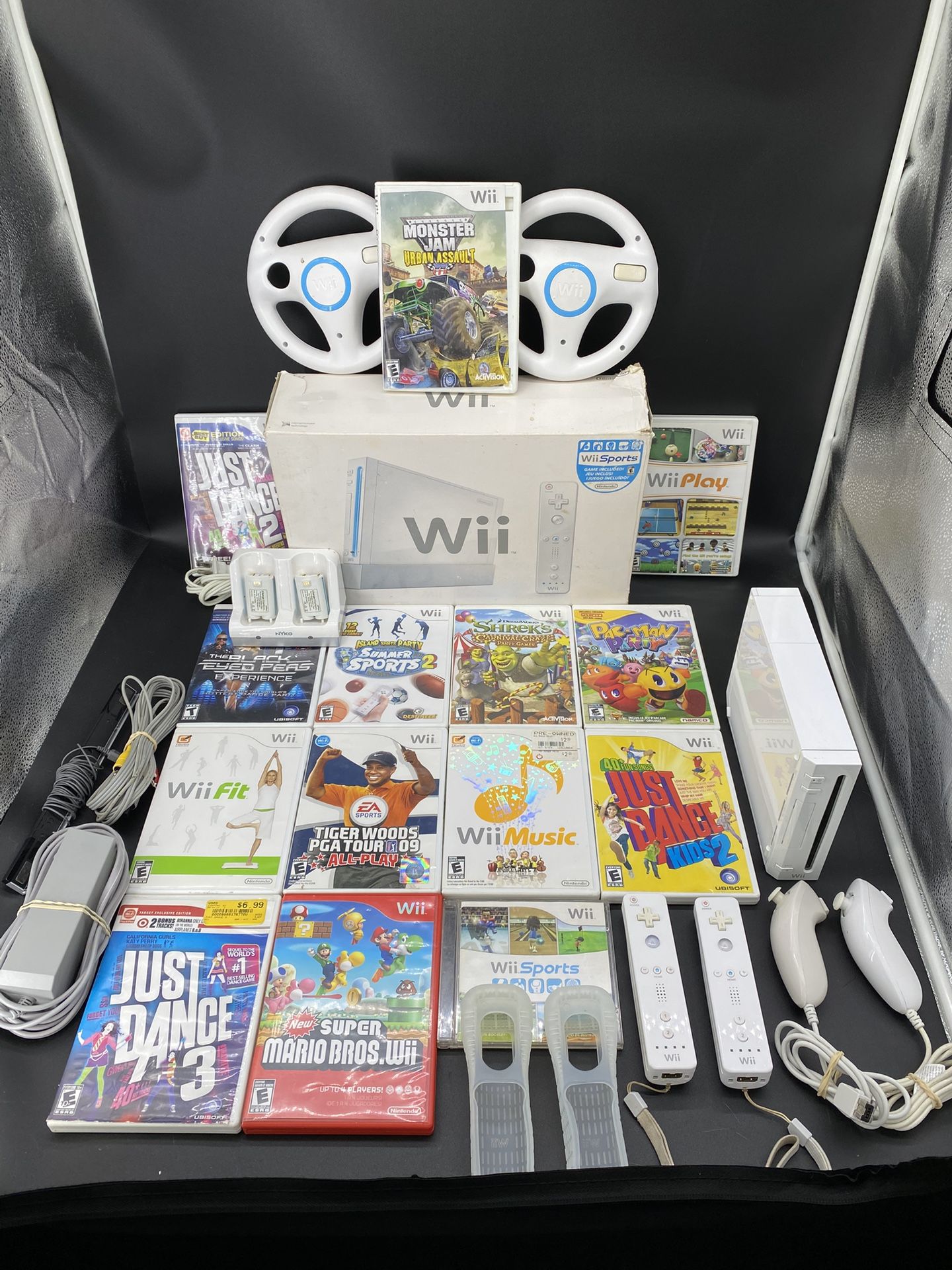 Wii Console Bundle With 14 Games Super Mario Bros + Wii Sports + Just Dance + Wii Play + Wii Music + PAC Man Party + Monster Jam Racing