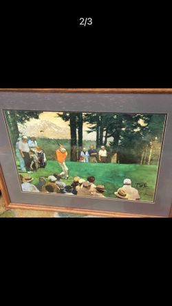 Golfer / Golf Tournament Signed Orig Mid century Painting 37x29 -Wood Frame