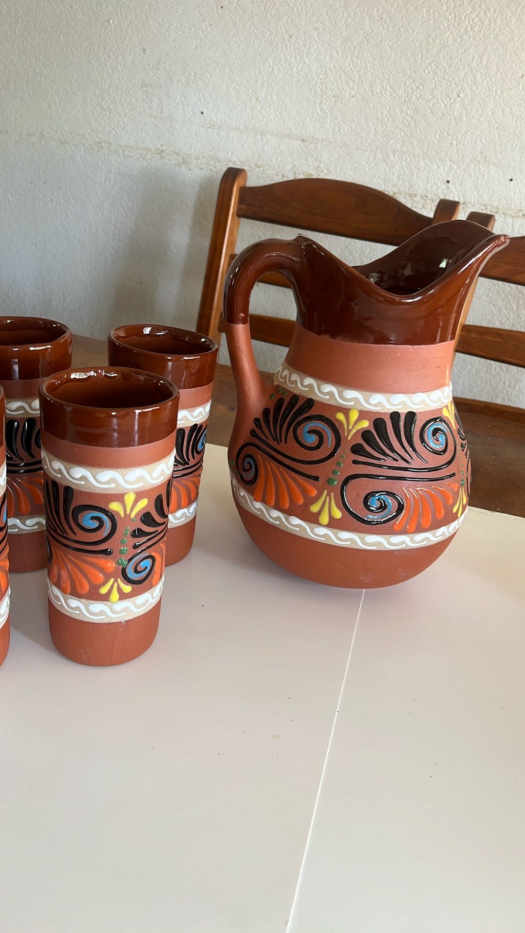 Jarra de Barro Decorada Con 6 Vasos.Made in Mexico.Clay Pitcher Made In Mexico.