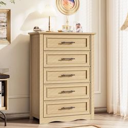 Farmhouse 5 Drawers Dresser, 45.5" H Modern Country Storage Dressers with Brushed Metal Handles, Wood Storage Organizers for Bedroom, Living Room, Hal