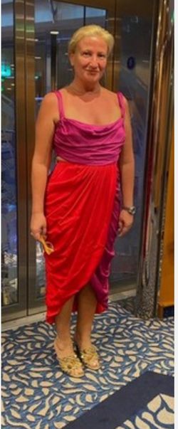 AMUR COCKTAIL DRESS Coral Purple PERSEY Mermaid Straps Size 8 PRE OWNED EXCELLENT FROM SAKS FIFTH AVENUE 