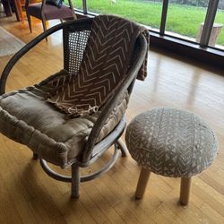 Vintage Perigold Rattan And Cane Accent Chair with cushion, African print rug And Accent stool