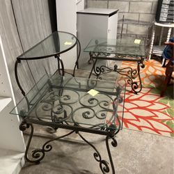 Wrought iron glass end tables beveled three