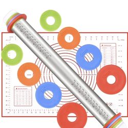 Roller for Baking with Silicon Baking Pastry Mat and Adjustable Tickness Rings, Non-Stick Mat with Measurements,Stainless Steel Rolling Pin 17 Inches 