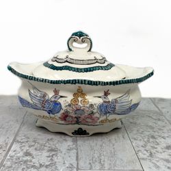  Hand Painted Peacock Lidded Serving Dish Bowl Greece 